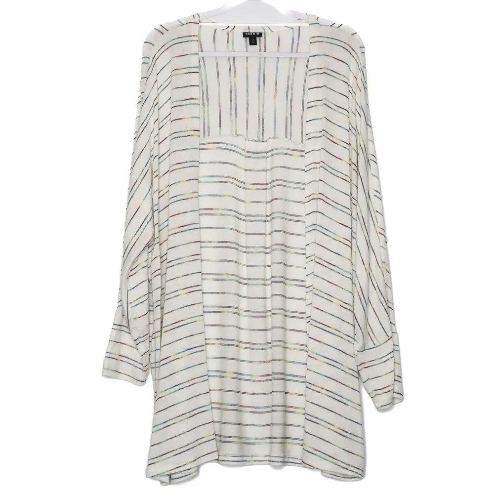 Torrid White Open Front‎ Cardigan Size 2X Multicolor Striped Rainbow Long Sleeve
